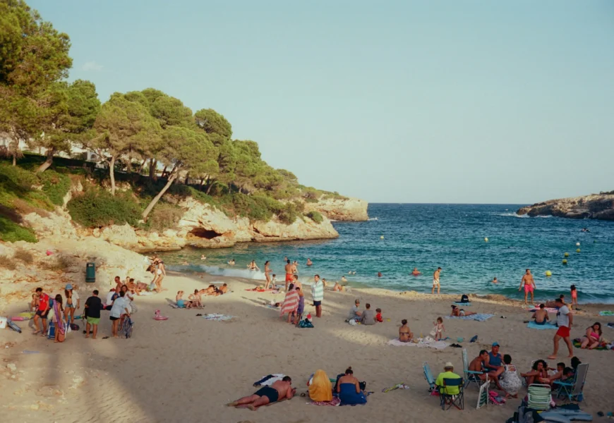 a group of people on a beach near the water