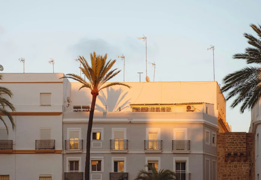 Buildings are bathed in golden hour sunlight.